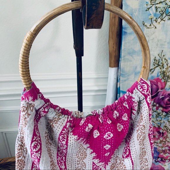 SARI-BARI BOHO PATCHWORK BEACH TOTE BAG BRUSHED COTTON OVERSIZED BAMBOO HANDLE - Picture 2 of 16